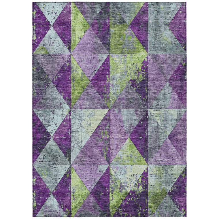9' X 12' Purple And Lime Green Geometric Washable Indoor Outdoor Area Rug