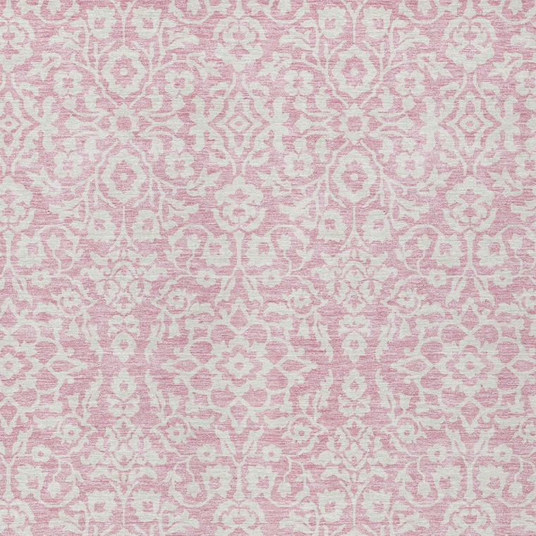 8' X 10' Pink And Ivory Damask Washable Indoor Outdoor Area Rug