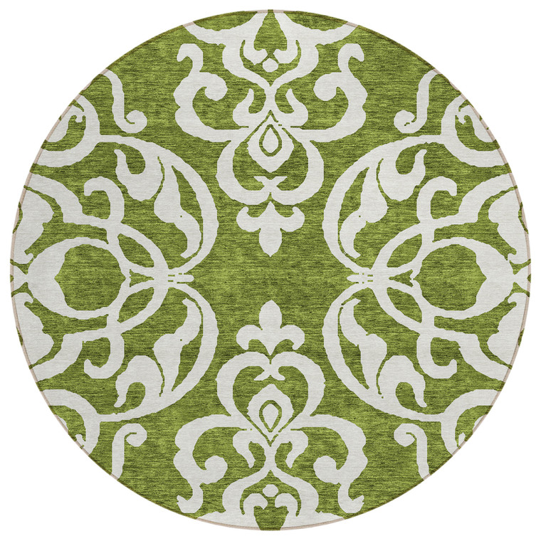 8' Green And Ivory Round Damask Washable Indoor Outdoor Area Rug - 880016777369