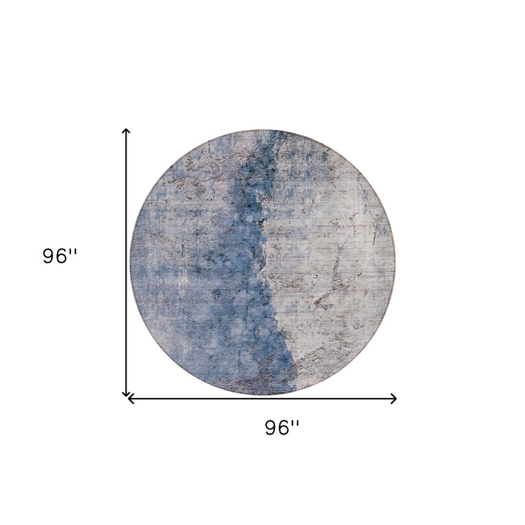 8' Navy Blue And Gray Round Abstract Washable Indoor Outdoor Area Rug