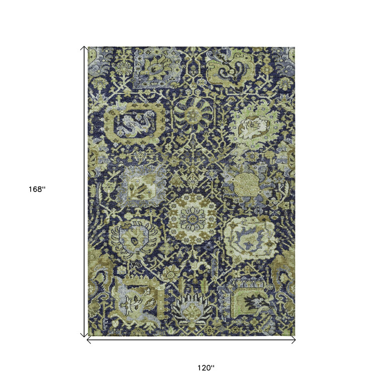 10' X 14' Fern Green And Blue Damask Washable Indoor Outdoor Area Rug
