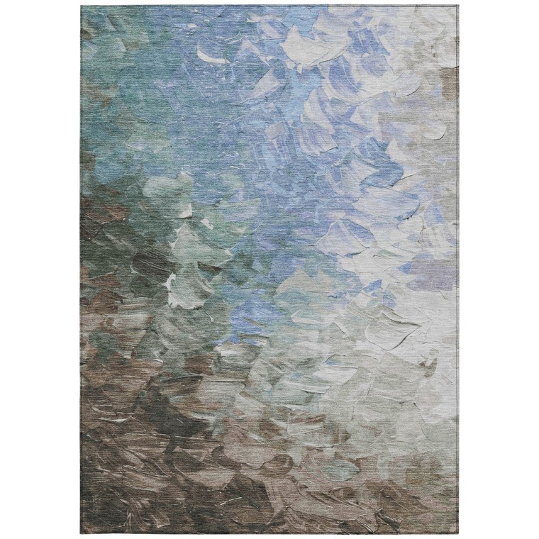 10' X 14' Denim Blue Taupe And Ivory Abstract Washable Indoor Outdoor Area Rug