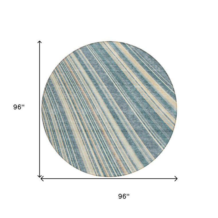 8' Sky Blue Beige And Tan Round Striped Washable Indoor Outdoor Area Rug