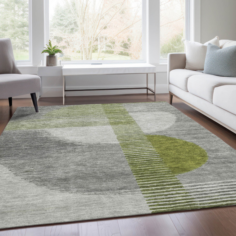 8' X 10' Olive Green And Gray Geometric Washable Indoor Outdoor Area Rug