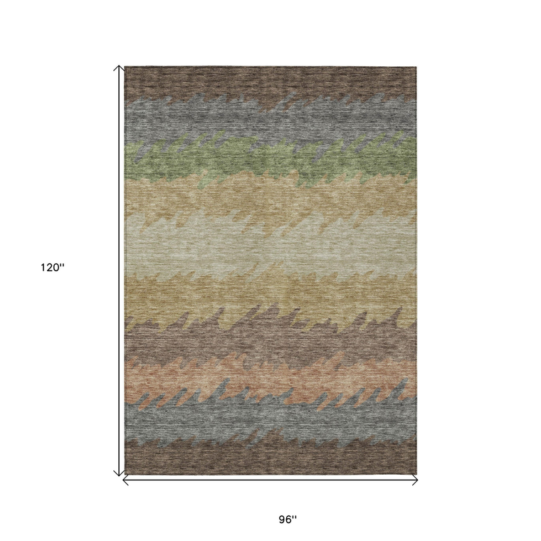 8' X 10' Chocolate Gray And Green Striped Washable Indoor Outdoor Area Rug