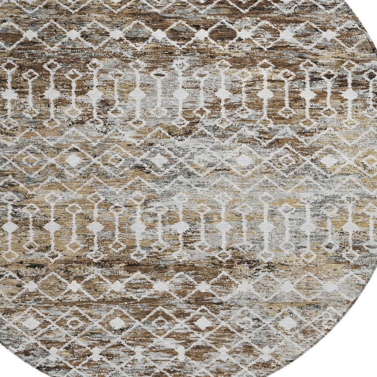 8' Brown And Beige Round Argyle Washable Indoor Outdoor Area Rug