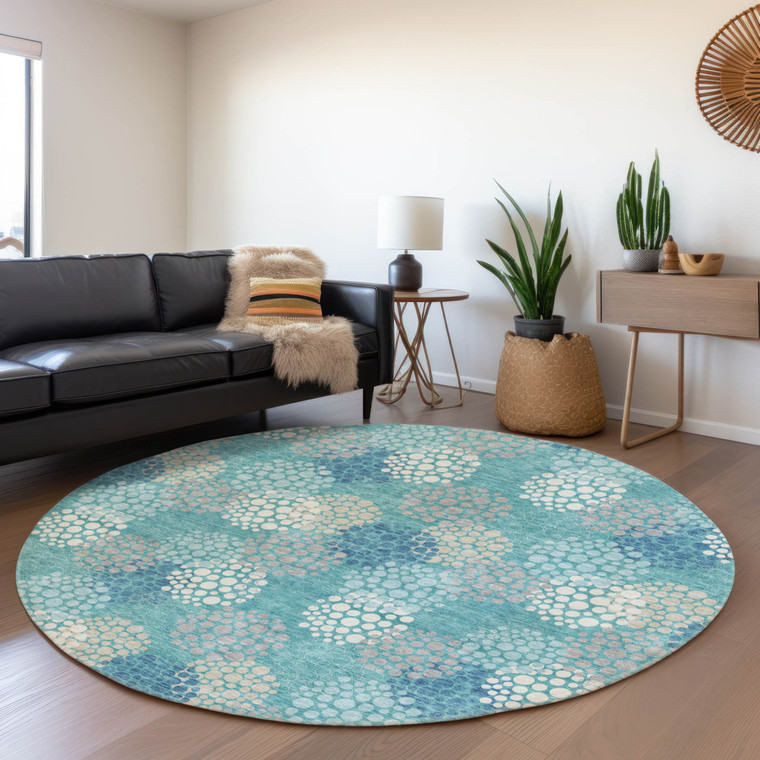8' Teal Blue Gray And Ivory Round Polka Dot Washable Indoor Outdoor Area Rug