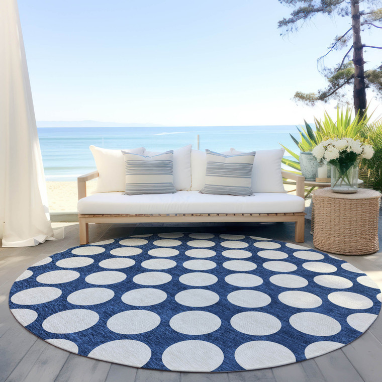 8' Navy Blue And Ivory Round Polka Dot Washable Indoor Outdoor Area Rug