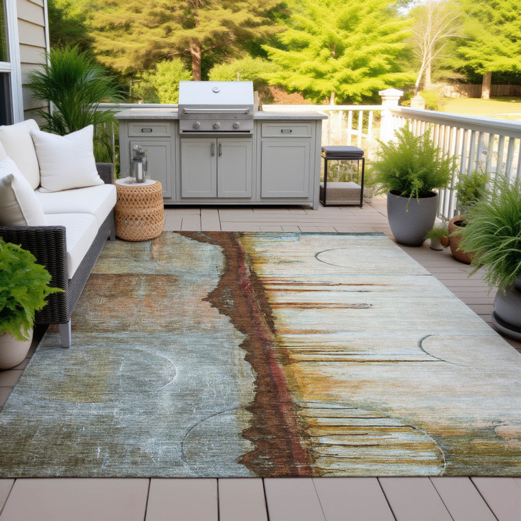 9' X 12' Rust And Beige Abstract Washable Indoor Outdoor Area Rug