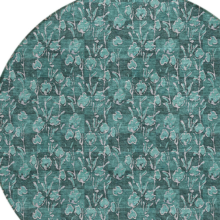 8' Teal Blue Aqua And Ivory Round Floral Washable Indoor Outdoor Area Rug - Teal Blue, Aqua, Ivory