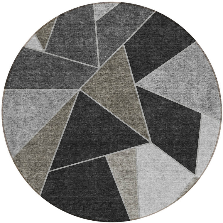 8' Coffee Charcoal And Gray Round Geometric Washable Indoor Outdoor Area Rug