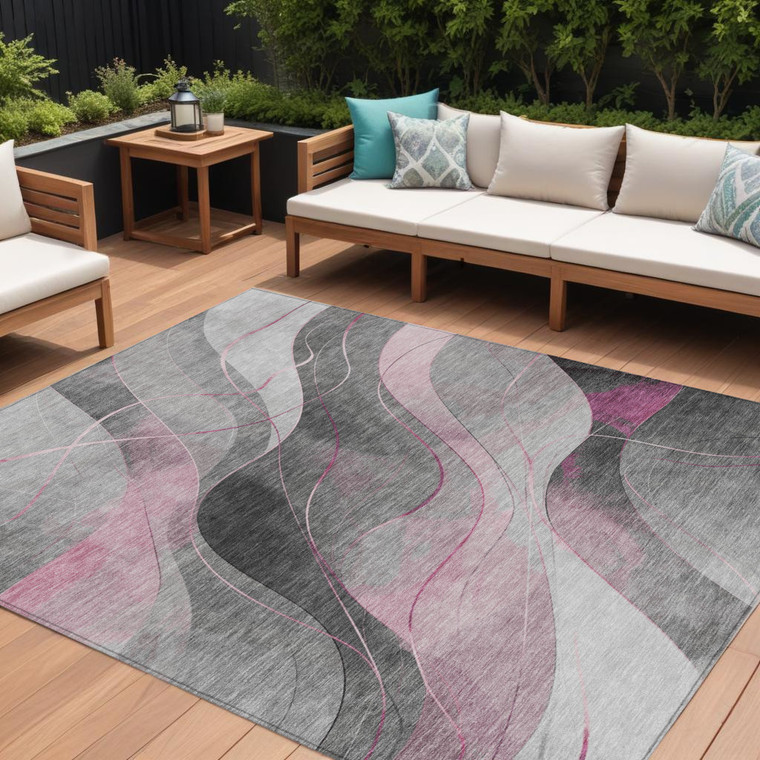 9' X 12' Pink Gray And Silver Abstract Washable Indoor Outdoor Area Rug