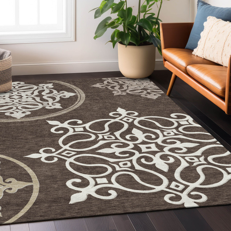 9' X 12' Chocolate Beige And Ivory Floral Medallion Washable Indoor Outdoor Area Rug