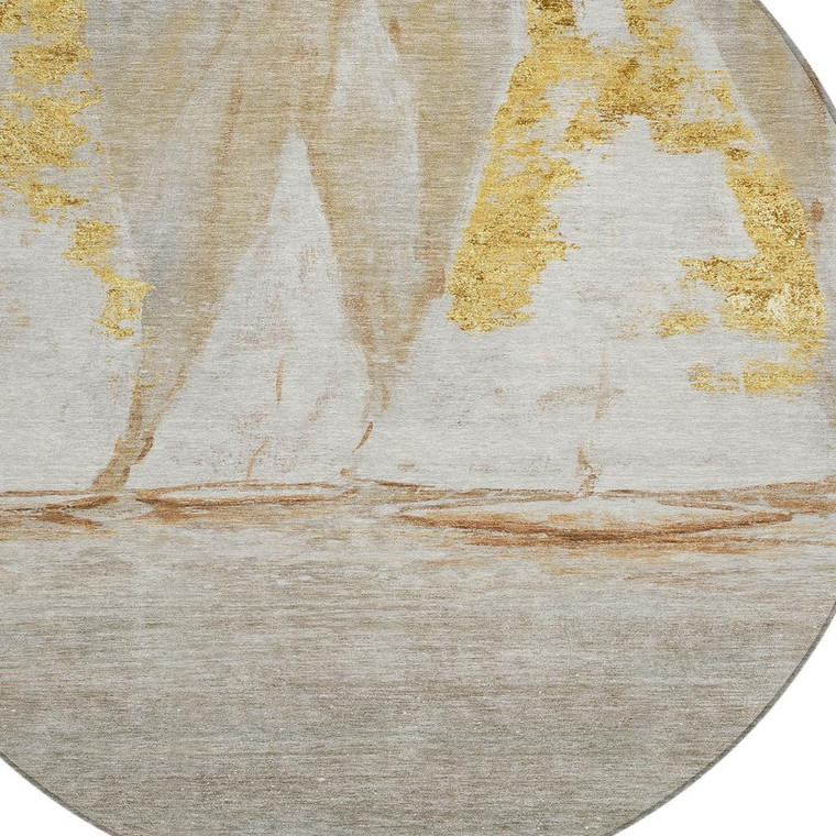 8' Taupe And Gold Round Nautical Washable Indoor Outdoor Area Rug