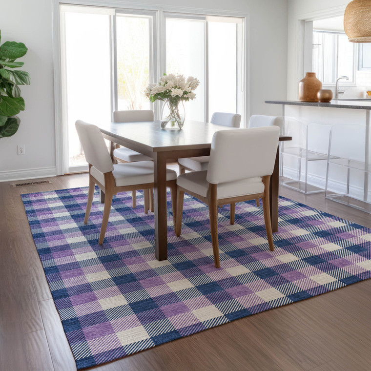 9' X 12' Navy Blue Purple And Beige Plaid Washable Indoor Outdoor Area Rug