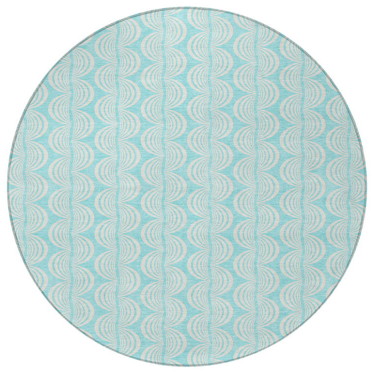 8' Aqua And Beige Round Ogee Washable Indoor Outdoor Area Rug
