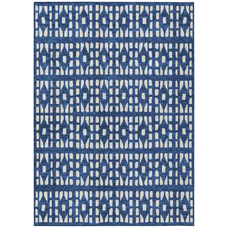 10' X 14' Navy Blue And Ivory Geometric Washable Indoor Outdoor Area Rug - Navy Blue, Ivory