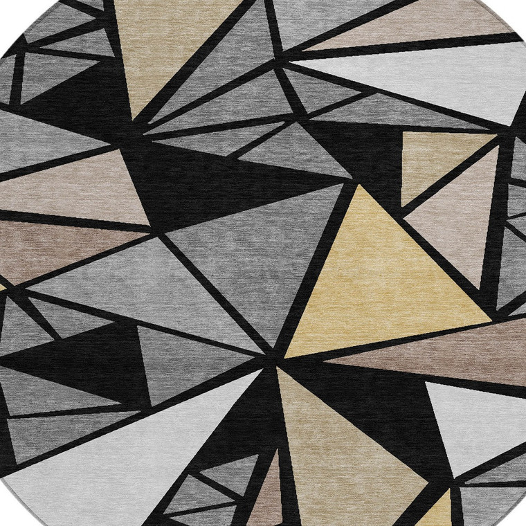8' Black Beige And Gray Round Geometric Washable Indoor Outdoor Area Rug