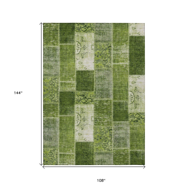 9' X 12' Olive Green And Artichoke Green Patchwork Washable Indoor Outdoor Area Rug