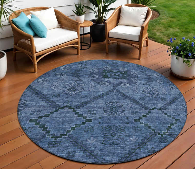 8' Navy Blue And Denim Blue Round Floral Washable Indoor Outdoor Area Rug - Navy Blue, Denim Blue