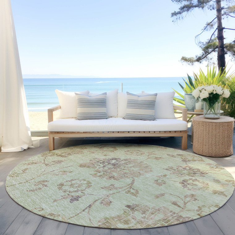 8' Artichoke Green Mint Green And Taupe Round Floral Washable Indoor Outdoor Area Rug