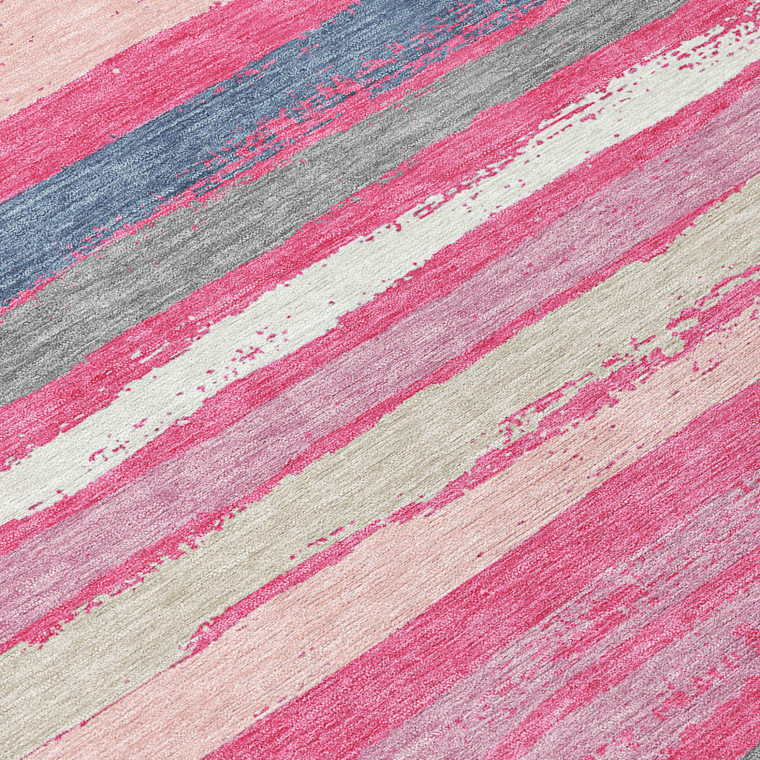 10' X 14' Pink Gray And Green Striped Washable Indoor Outdoor Area Rug