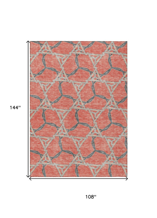 9' X 12' Coral And Taupe Geometric Washable Indoor Outdoor Area Rug