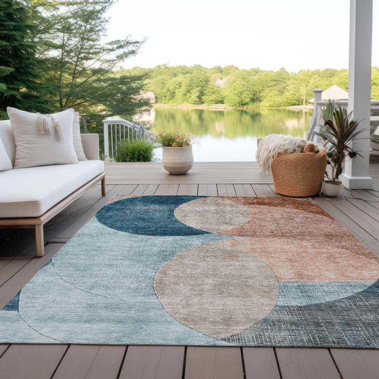 8' X 10' Rust Beige And Teal Blue Geometric Washable Indoor Outdoor Area Rug