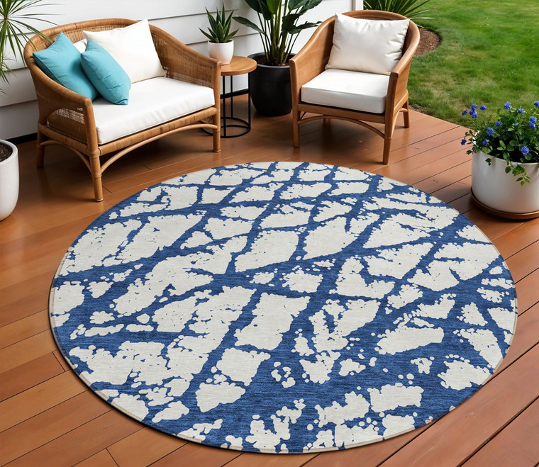 8' Navy Blue And Ivory Round Abstract Washable Indoor Outdoor Area Rug - 880016540604