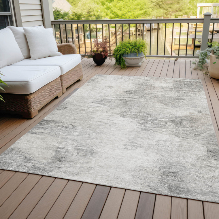 8' X 10' Silver Gray And Ivory Abstract Washable Indoor Outdoor Area Rug - Silver, Gray, Ivory