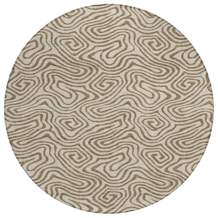8' Beige And Brown Round Abstract Washable Indoor Outdoor Area Rug Transitional Style - Beige, Brown Color