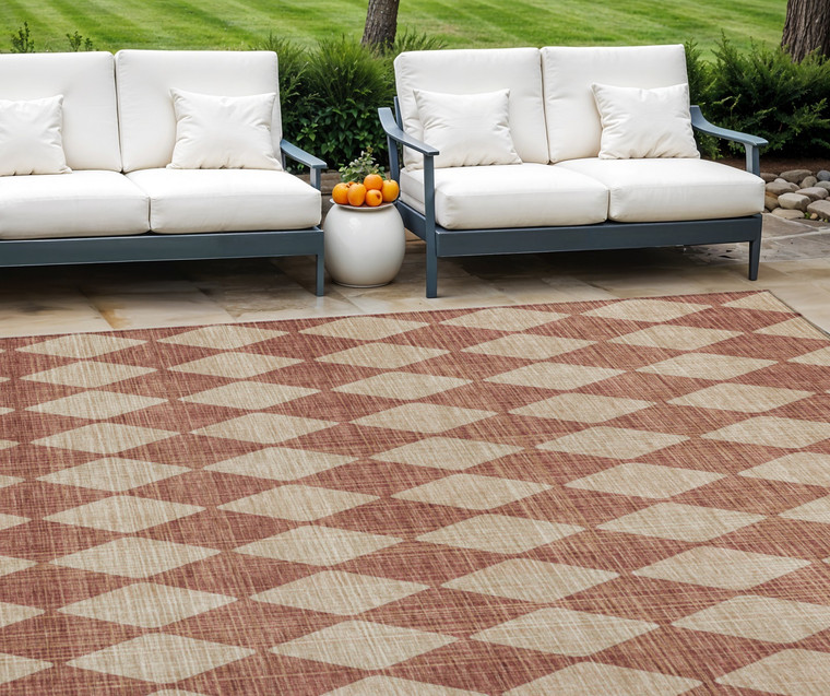 9' X 12' Orange And Copper Geometric Washable Indoor Outdoor Area Rug