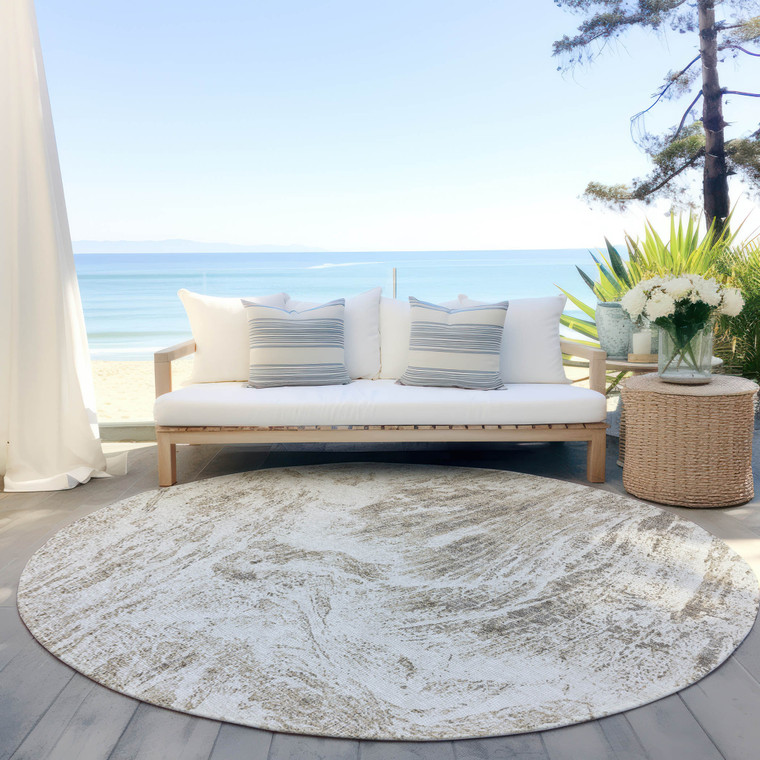 8' Taupe And Ivory Round Abstract Washable Indoor Outdoor Area Rug - 880016659573