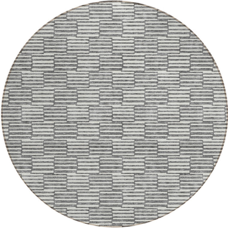 8' Gray And Ivory Round Geometric Washable Indoor Outdoor Area Rug - 608219378585