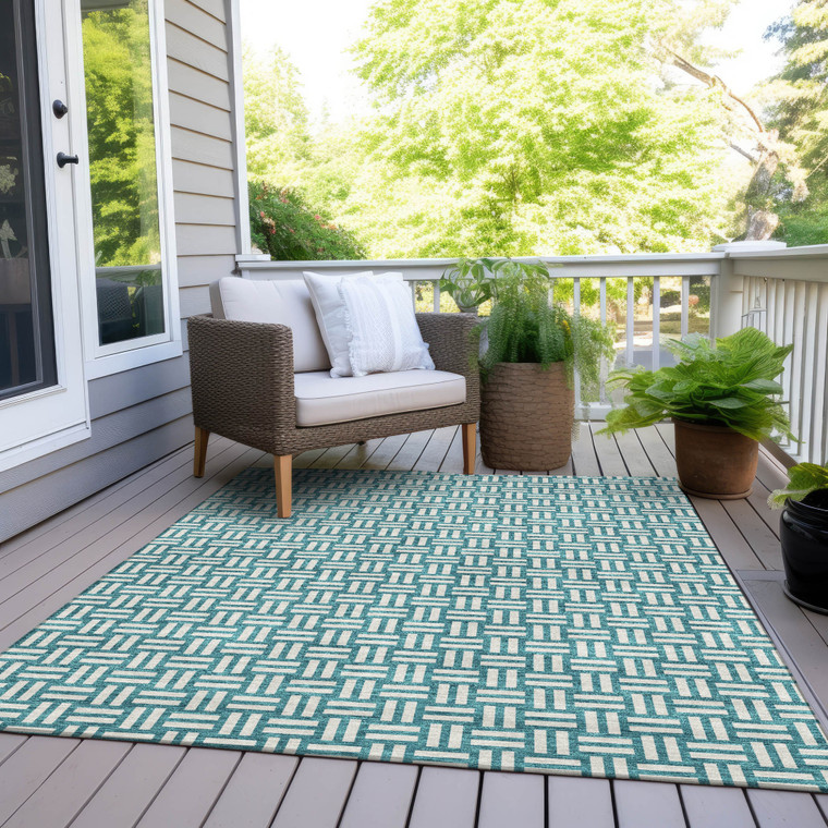 8' X 10' Teal Blue And Gray Geometric Washable Indoor Outdoor Area Rug - 608219365585