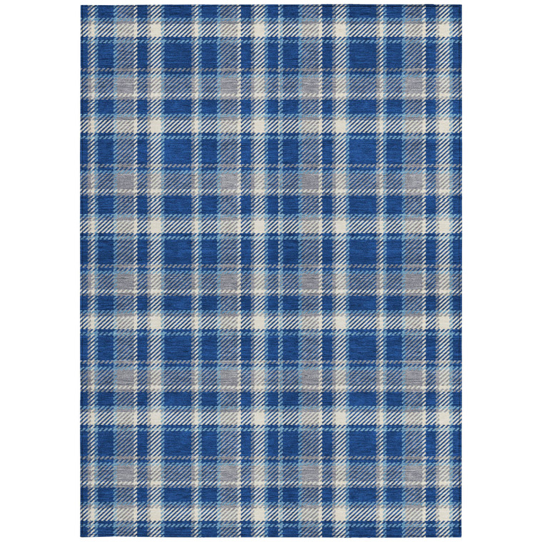 9' X 12' Navy and Ivory Plaid Washable Non Skid Indoor Outdoor Area Rug