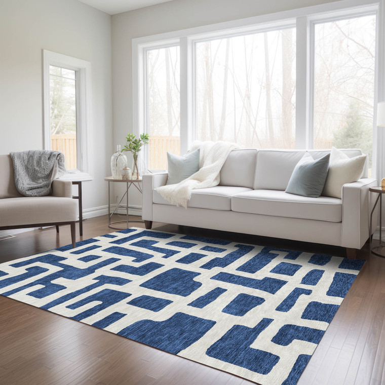 9' X 12' Navy Blue And Ivory Abstract Washable Indoor Outdoor Area Rug Transitional Style - Navy Blue, Ivory Color