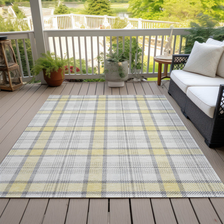 9' X 12' Yellow And Gray Plaid Washable Indoor Outdoor Area Rug