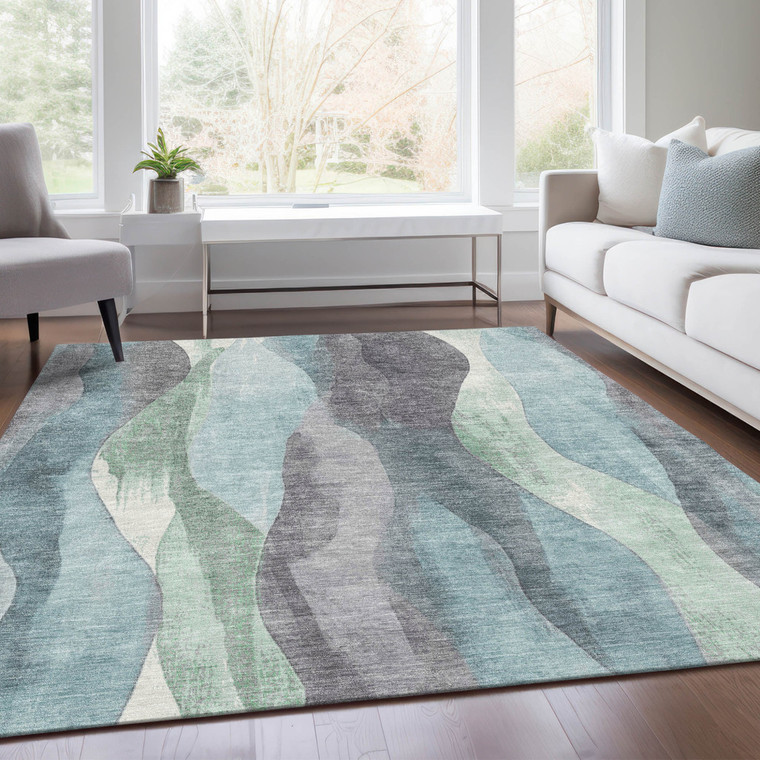 9' X 12' Teal Blue And Fern Green Abstract Washable Indoor Outdoor Area Rug
