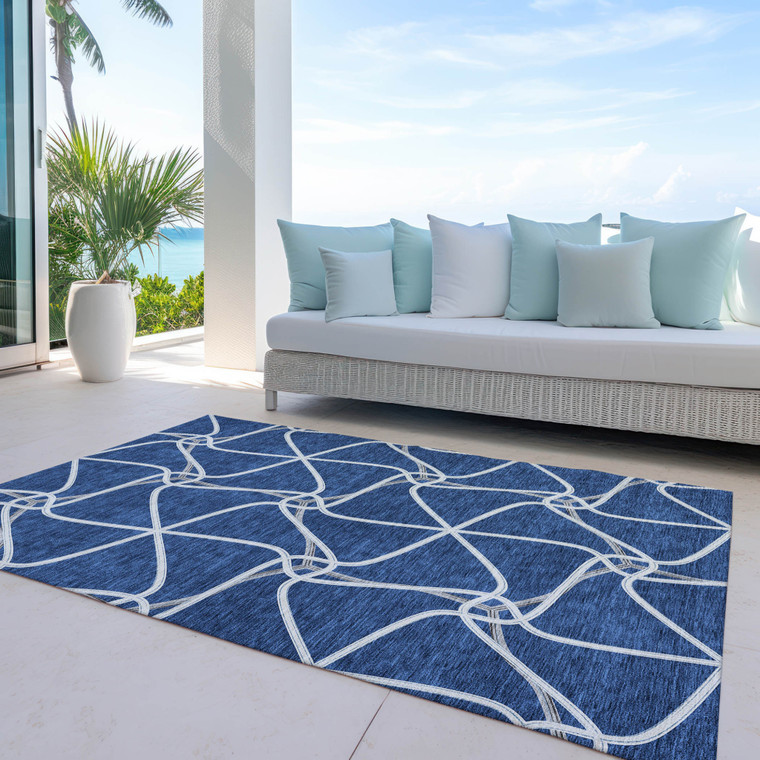 8' X 10' Blue And Ivory Geometric Washable Indoor Outdoor Area Rug Contemporary Style - Blue, Ivory Color