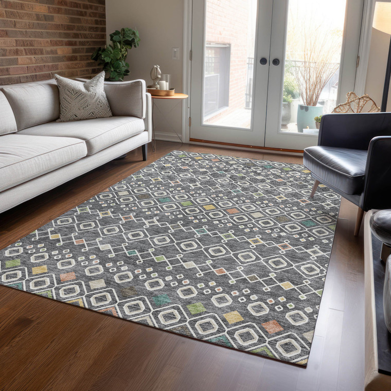 10' X 14' Gray Ivory And Gold Geometric Washable Indoor Outdoor Area Rug