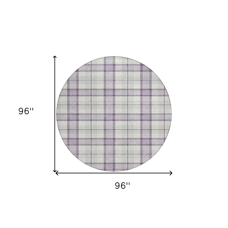8' Lavender Purple And Gray Round Plaid Washable Indoor Outdoor Area Rug