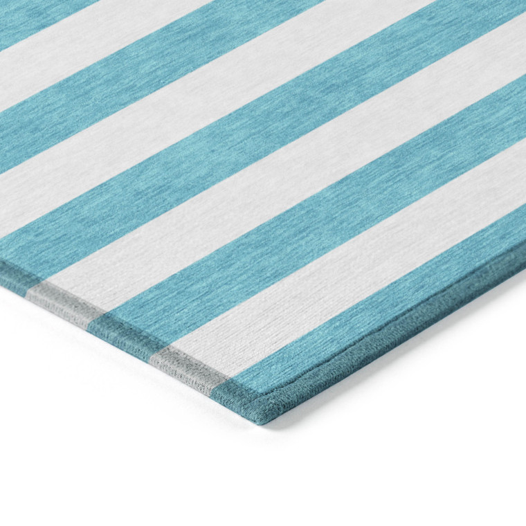 8' X 10' Teal and White Striped Washable Indoor Outdoor Area Rug
