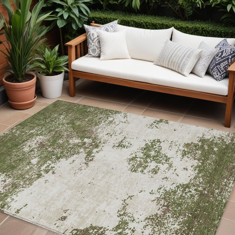8' X 10' Olive Green Gray And Ivory Abstract Washable Indoor Outdoor Area Rug