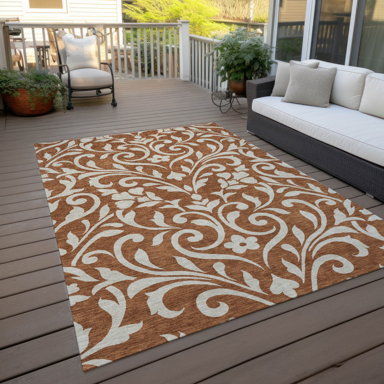 9' X 12' Brown And Beige Floral Washable Indoor Outdoor Area Rug - Brown, Beige