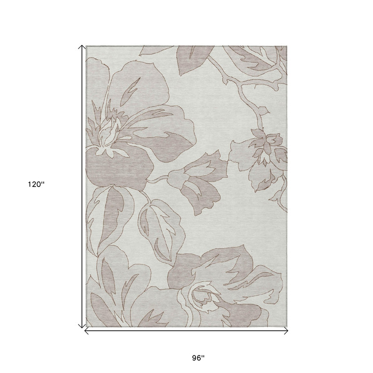 8' X 10' Ivory Beige And Taupe Floral Washable Indoor Outdoor Area Rug Transitional Style - Ivory, Beige, Taupe Color