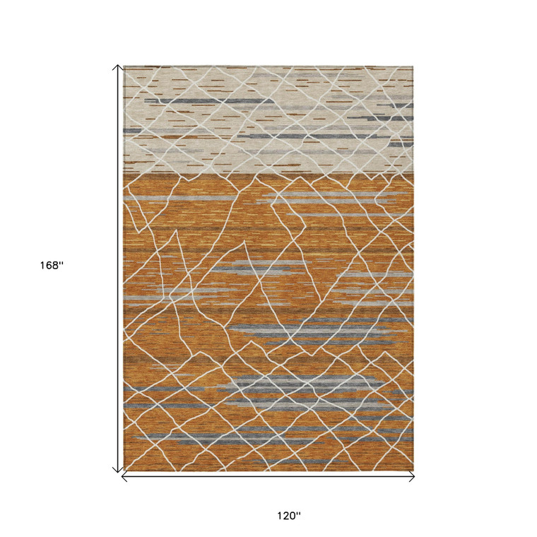 10' X 14' Terra Cotta Beige And Ivory Striped Washable Indoor Outdoor Area Rug