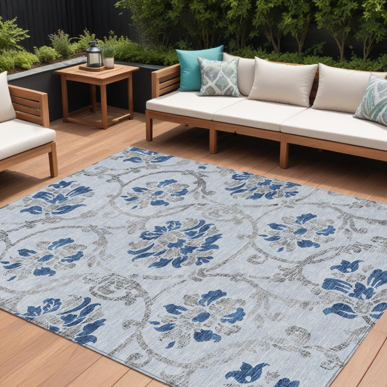 8' X 10' Sky Blue And Gray Floral Washable Indoor Outdoor Area Rug