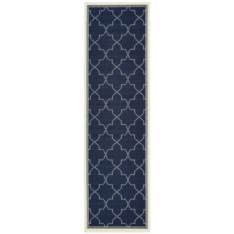2' X 8' Navy Geometric Stain Resistant Indoor Outdoor Area Rug - 606114574125