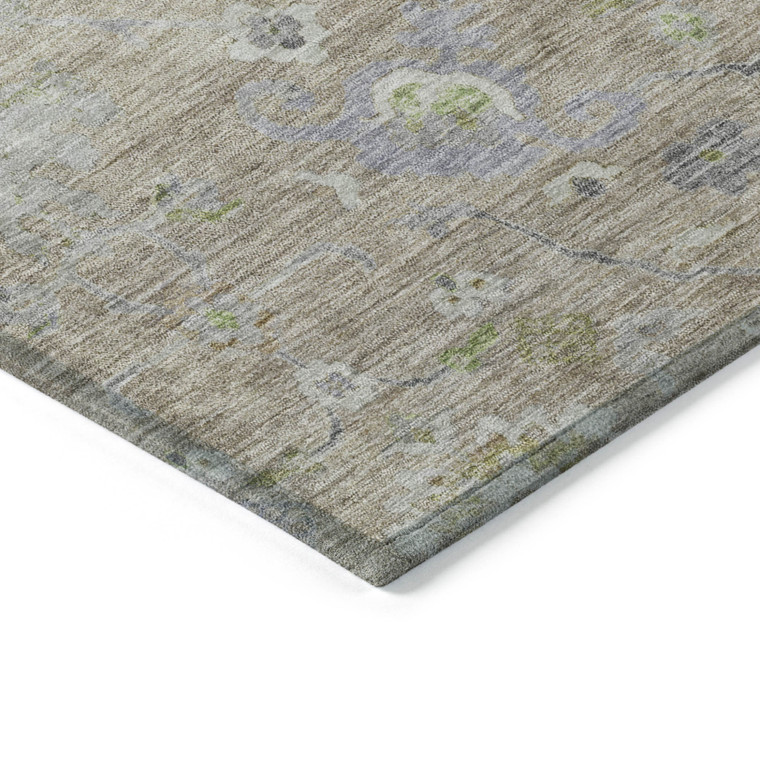 9' X 12' Beige Gray And Green Floral Washable Indoor Outdoor Area Rug